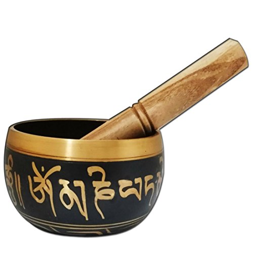 Devyom Reiki Healing Chinese Feng Shui Antique Brass Singing Bowl w/Mallet/Ancient Tibetan Buddhist Handcarved Om Mani Padme Hum Mantra Rin Gong/Spiritual Yoga Peace Relaxation Himalayan Bowl