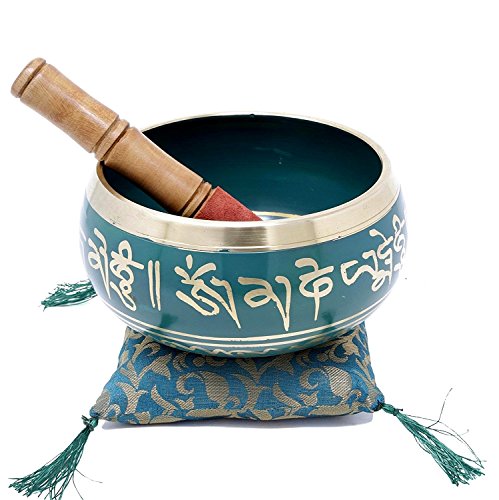 Tibetan Holy Mantra Singing Bowl With Cushion & Mallet - For Meditation Prayer & Yoga - PREMIUM QUALITY - JIVE BRAND (Small, Green)