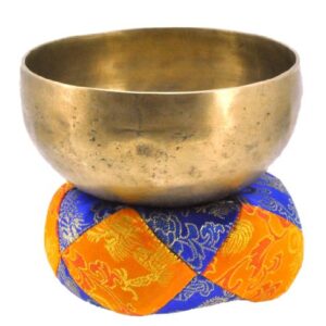 Tibetan Satin Singing Bowl Cushion, Singing Bowl Pillow (Blue and Yellow)