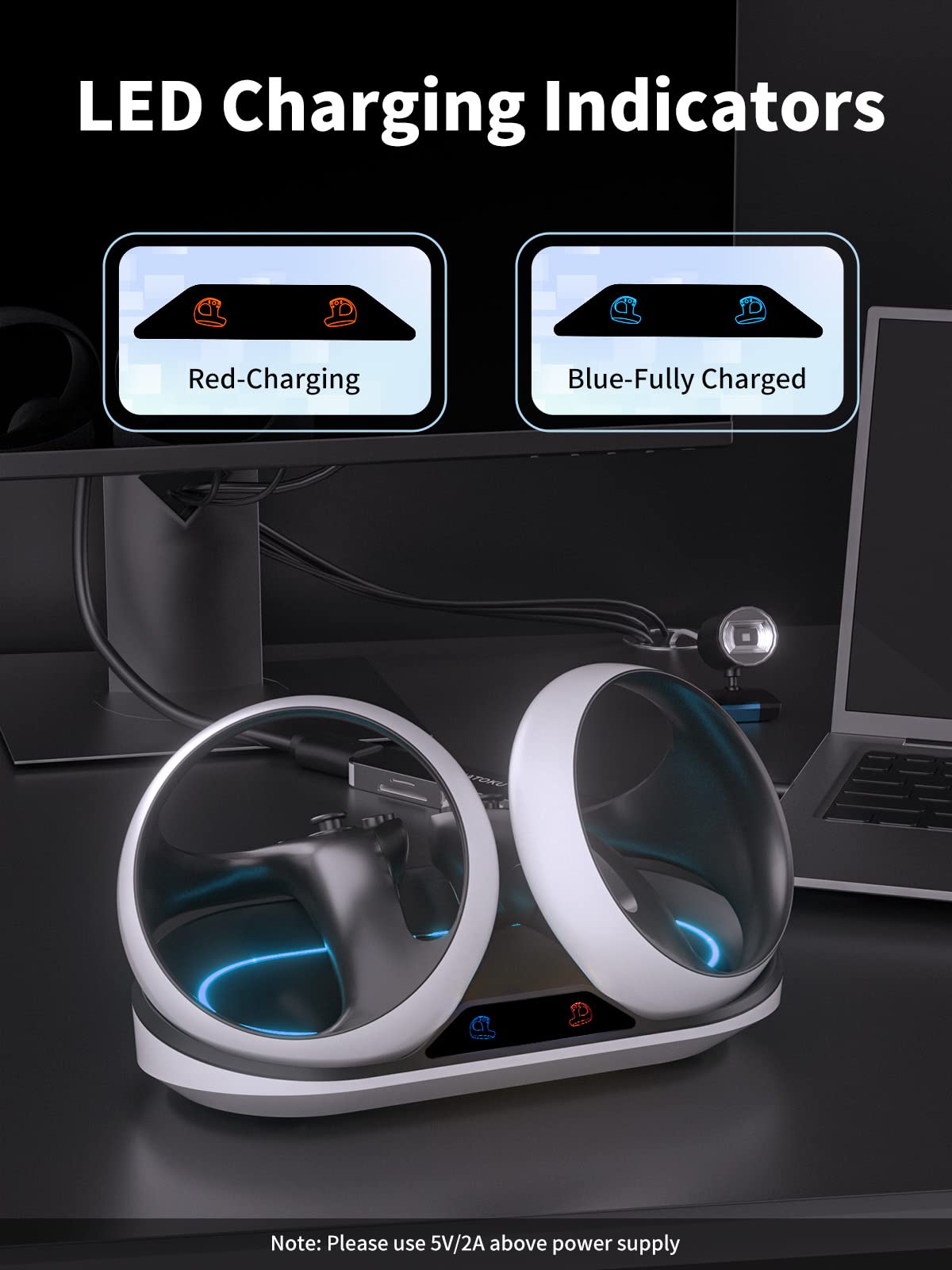 MOJOXR Magnetic Charging Station for PS VR2 Sense Controllers and Lens Cover for PSVR2 Headset, Charging Dock with Lamp Circle and Indicators, Fast Charging Accessories Kit for PlayStation VR2