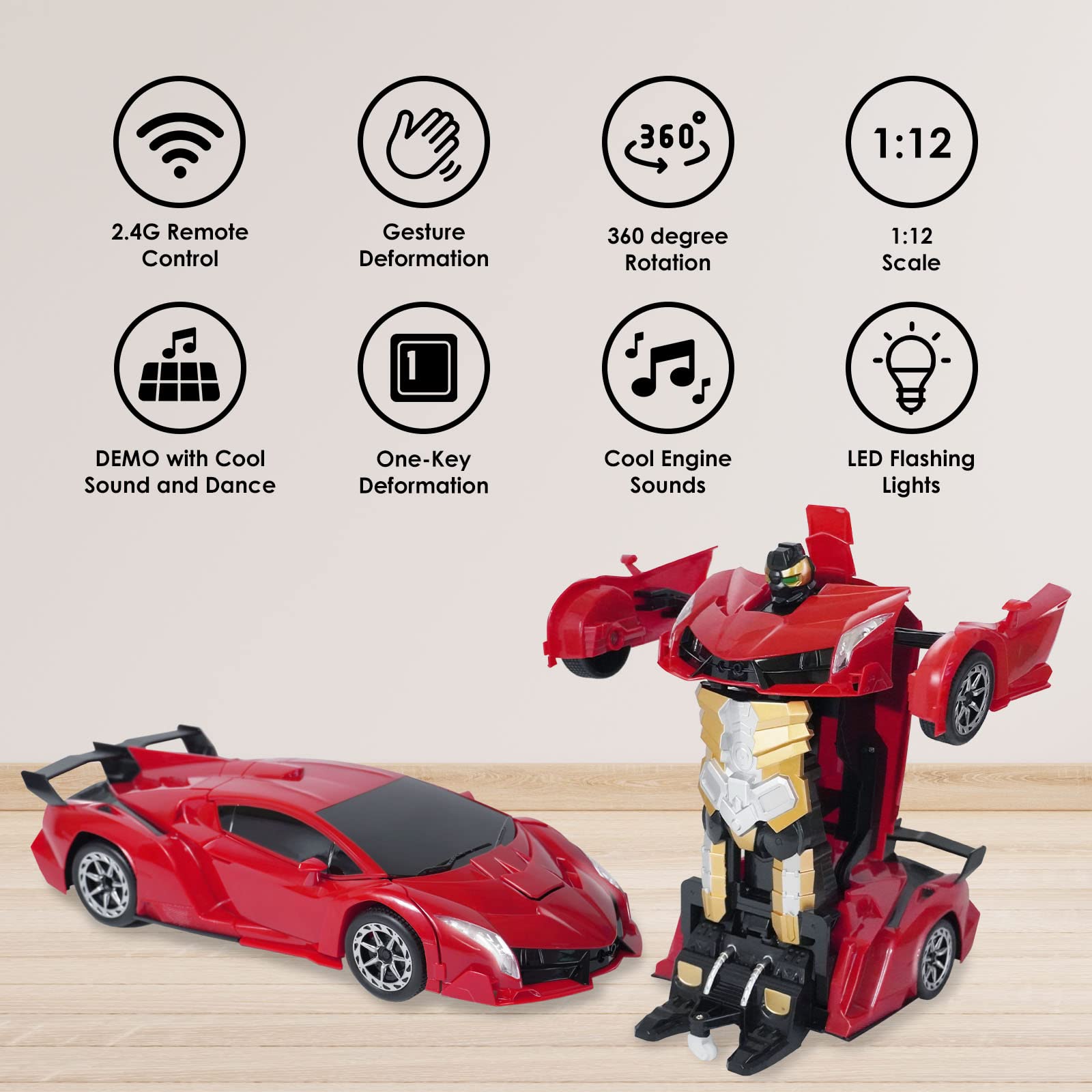 ACED Kids Toys - 1:12 Scale Hand Gesture Deformation and Remote Control Transformation Robot RC Car Toy with Light and Music - Birthday Gift for Youth, Boys and Girls (Red)