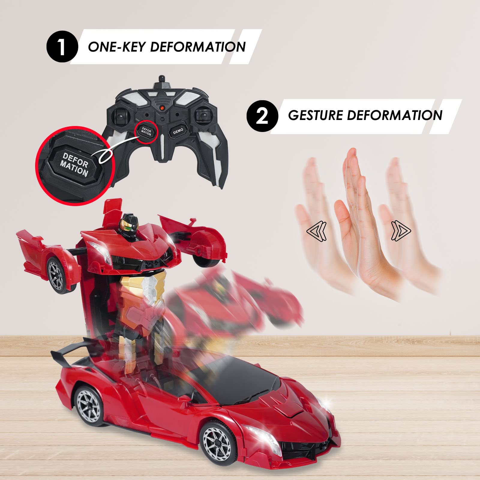 ACED Kids Toys - 1:12 Scale Hand Gesture Deformation and Remote Control Transformation Robot RC Car Toy with Light and Music - Birthday Gift for Youth, Boys and Girls (Red)