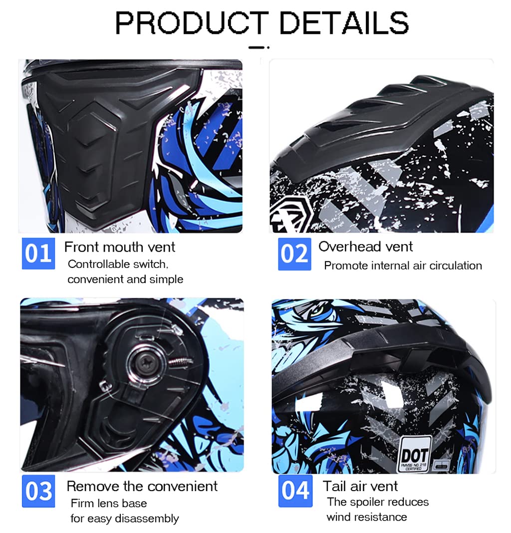 DOT Certified Cool Modular Motorcycle Full Face Helmets with Dual Visor, Adults Men Women Flip up Motorbike Cool Girls Helmet for Street Dirt Bike ATV Motocross Racing Protection Helmet -G-XXXL