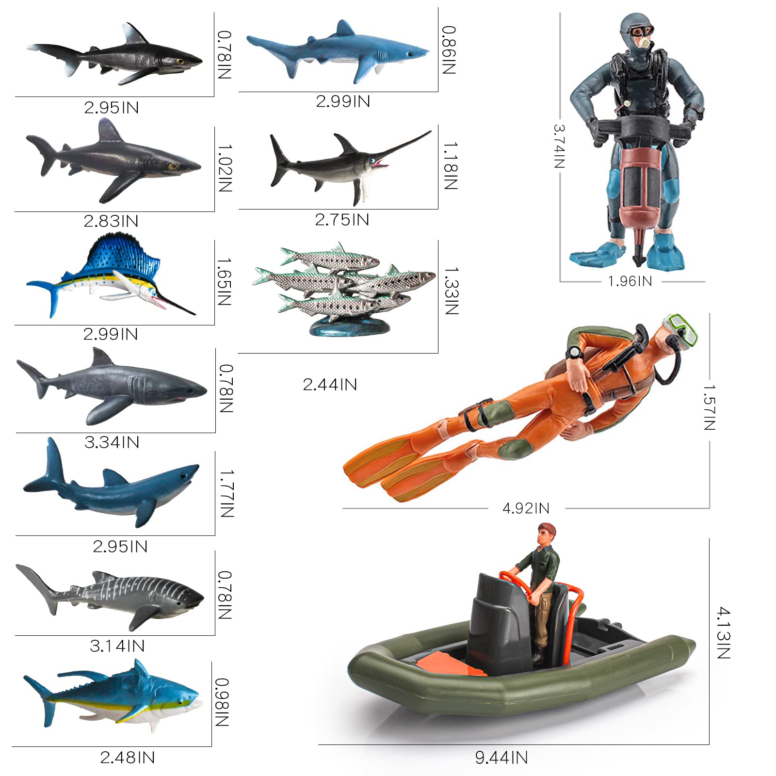 BRETOYIN 14PCS Mini Shark Toy Bath Toys Submarine Toys Scuba Diver Set Unable to Wing Up for Kids Model Educational Science Sharks Whale Figurines