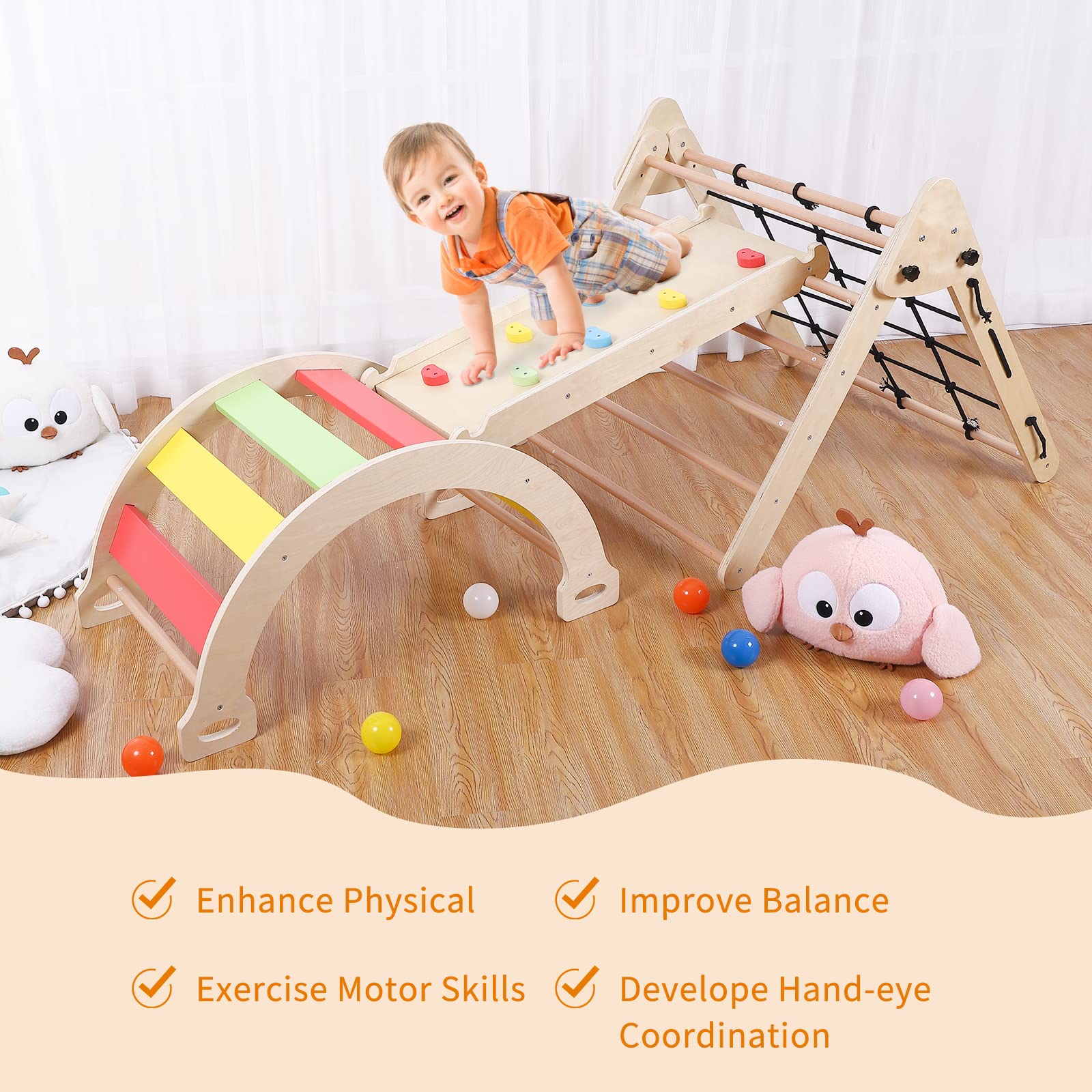 Toddler Indoor Gym Playset, 3-in-1 Wooden Climbing Toys, Triangle Folding Climbing for Climbing & Sliding for Boys and Girls,18M+