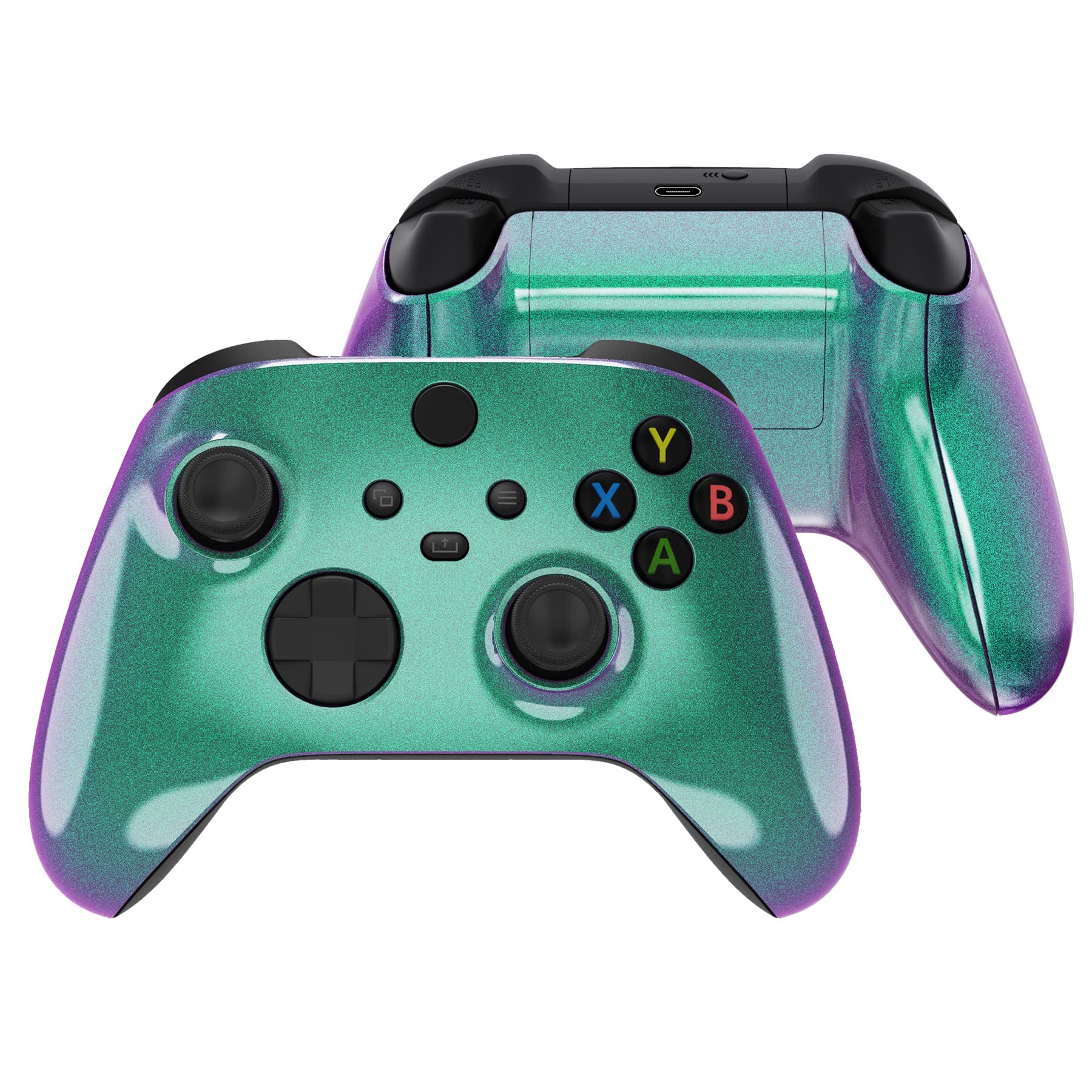 eXtremeRate Chameleon Green Purple Replacement Side Rails + Back Shell + Faceplate for Xbox Series X/S Controller