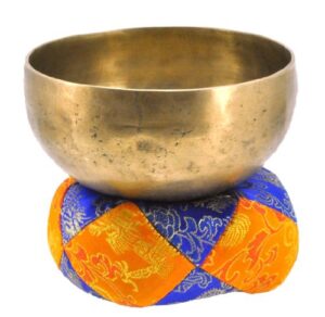 tibetan satin singing bowl cushion, singing bowl pillow (blue and yellow)