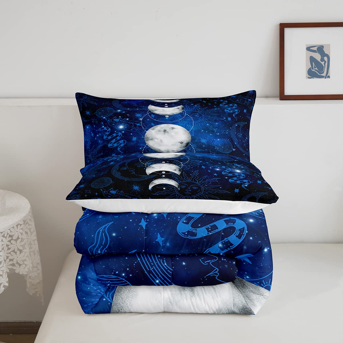 Sun and Moon Kids Comforter Set Queen Size,Starry Sky Galaxy Planet Trippy Bedding Set,Boys Girls Adults Room Decor,Hassam Hand Dead Snake Boho Exotic Down Comforter,Blue Duvet Insert,2 Pillowcases