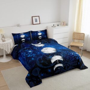 Sun and Moon Kids Comforter Set Queen Size,Starry Sky Galaxy Planet Trippy Bedding Set,Boys Girls Adults Room Decor,Hassam Hand Dead Snake Boho Exotic Down Comforter,Blue Duvet Insert,2 Pillowcases