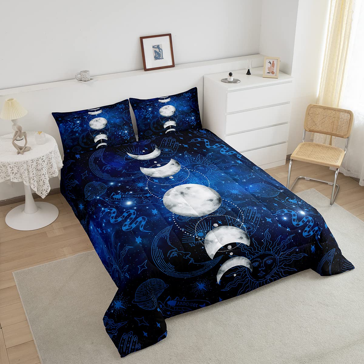 Sun and Moon Kids Comforter Set Queen Size,Starry Sky Galaxy Planet Trippy Bedding Set,Boys Girls Adults Room Decor,Hassam Hand Dead Snake Boho Exotic Down Comforter,Blue Duvet Insert,2 Pillowcases