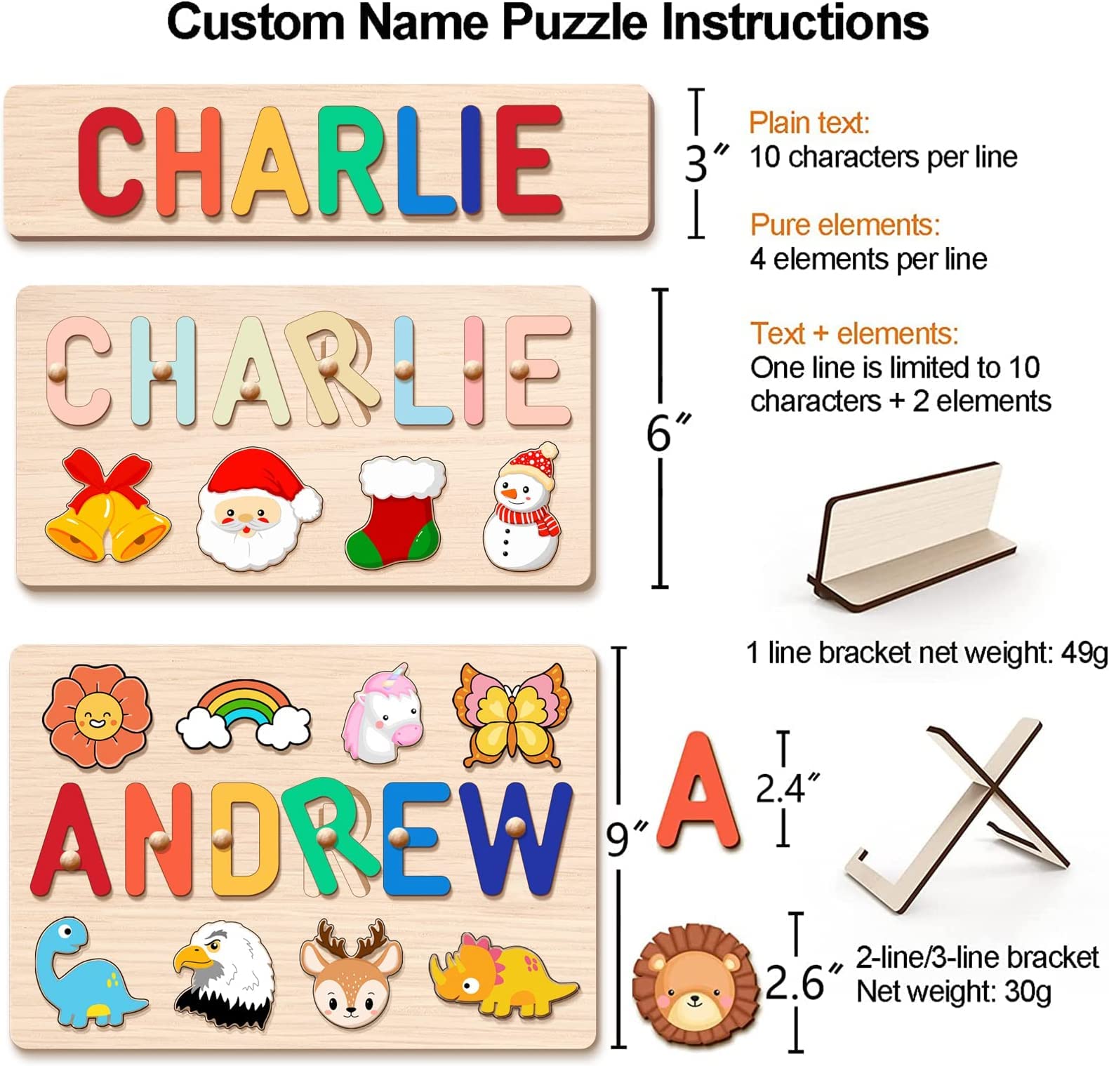 Personalized Name Puzzle for Kids Engraved Text Greetings on Back, Custom Wooden Name Signs with Pegs for Boy & Girl 1 Year Old Montessori Toys Toddler Puzzles for Newborn