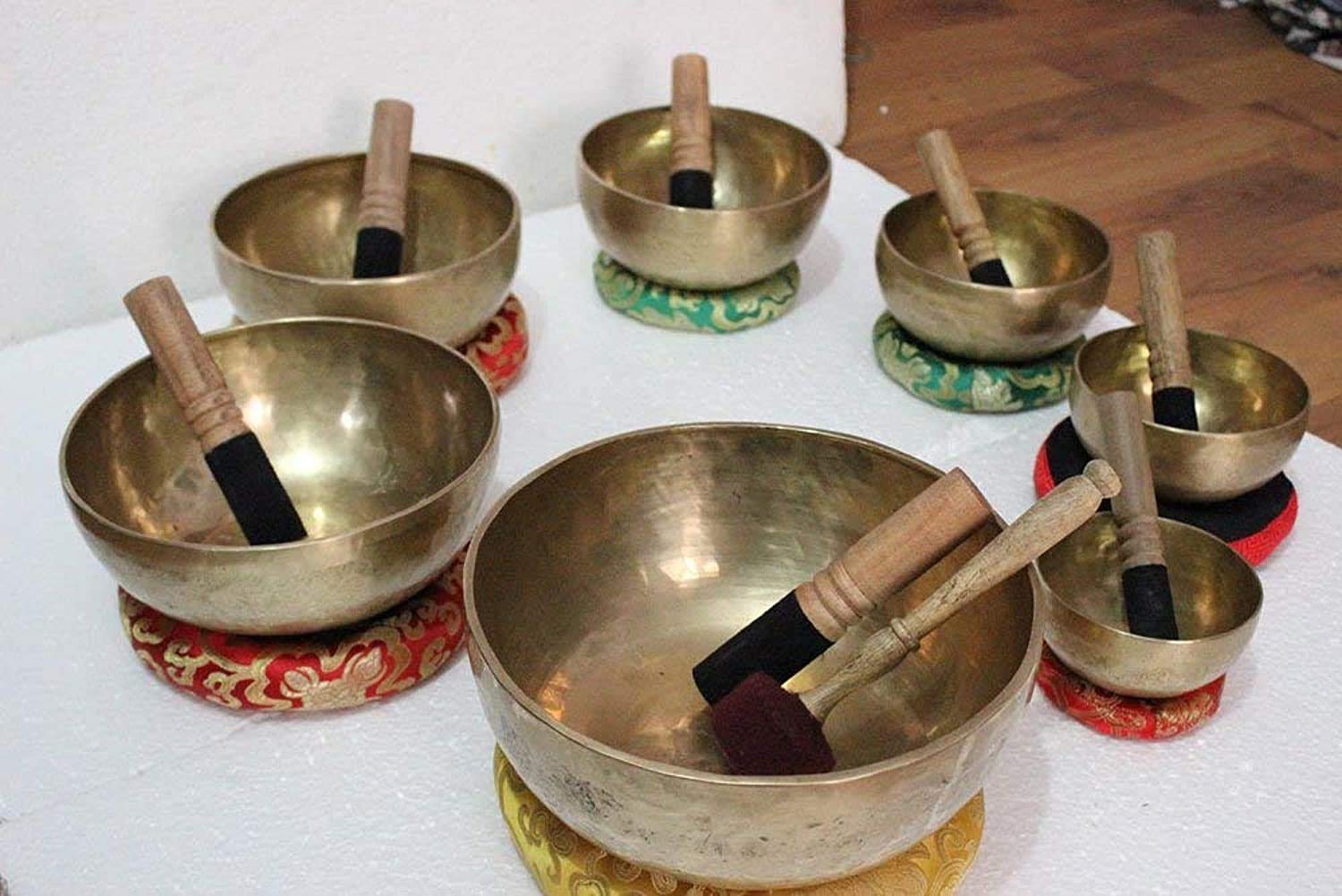 Devyom Handmade Crown 7 Chatra Tibetan Singing Bowl Meditation Healing Bowl With Mallet And Silk Cushion SET OF 7 BOWL