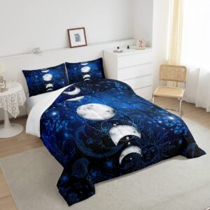 Sun and Moon Kids Comforter Set Queen Size,Starry Sky Galaxy Planet Trippy Bedding Set,Boys Girls Adults Room Decor,Hassam Hand Dead Snake Boho Exotic Down Comforter,Blue Duvet Insert,2 Pillowcases