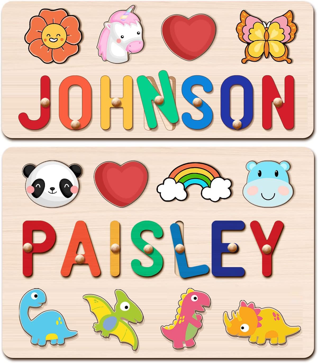 Personalized Name Puzzle for Kids Engraved Text Greetings on Back, Custom Wooden Name Signs with Pegs for Boy & Girl 1 Year Old Montessori Toys Toddler Puzzles for Newborn