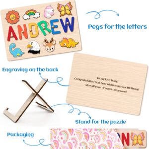 Personalized Name Puzzle for Kids Engraved Text Greetings on Back, Custom Wooden Name Signs with Pegs for Boy & Girl 1 Year Old Montessori Toys Toddler Puzzles for Newborn