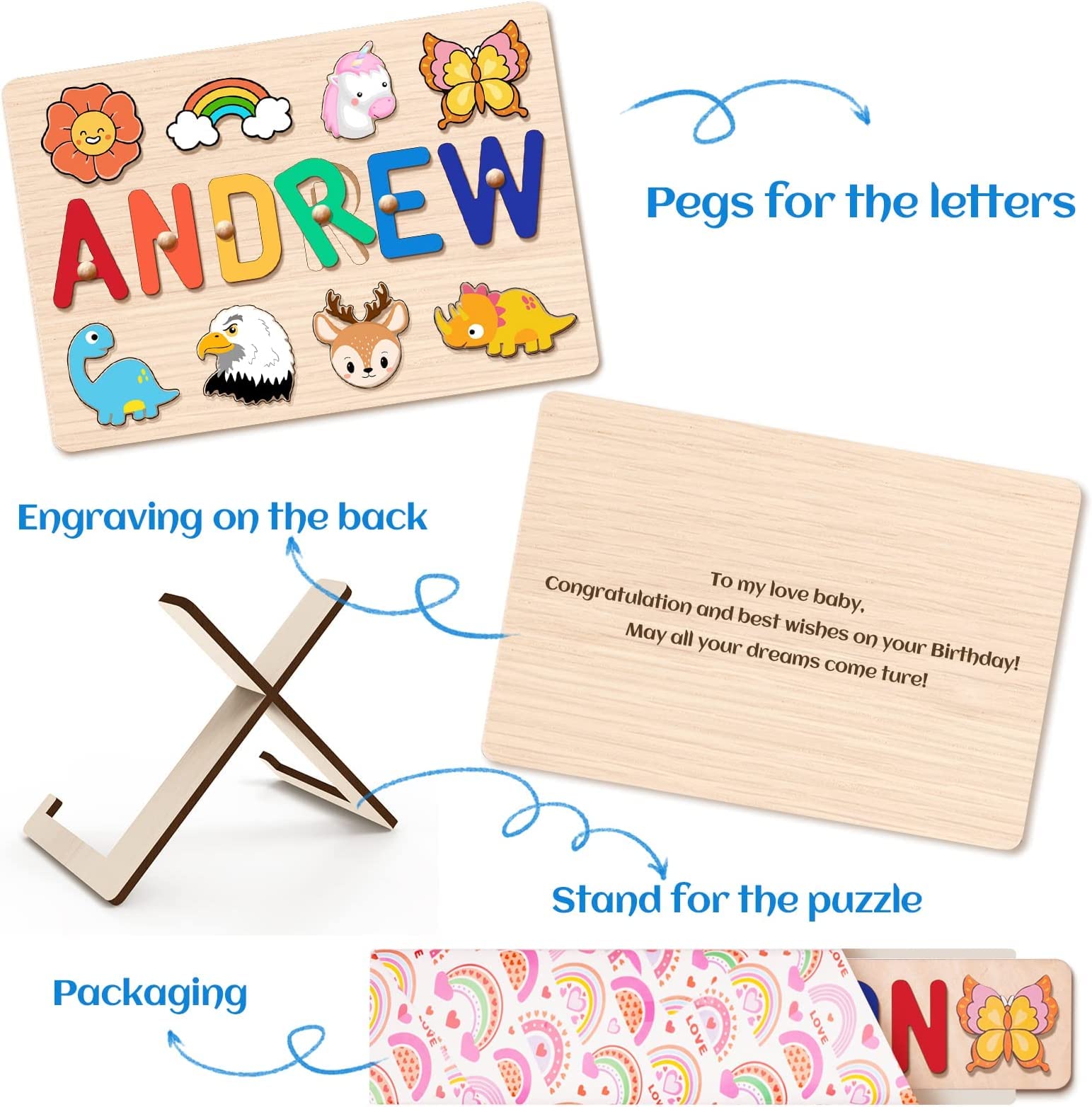 Personalized Name Puzzle for Kids Engraved Text Greetings on Back, Custom Wooden Name Signs with Pegs for Boy & Girl 1 Year Old Montessori Toys Toddler Puzzles for Newborn