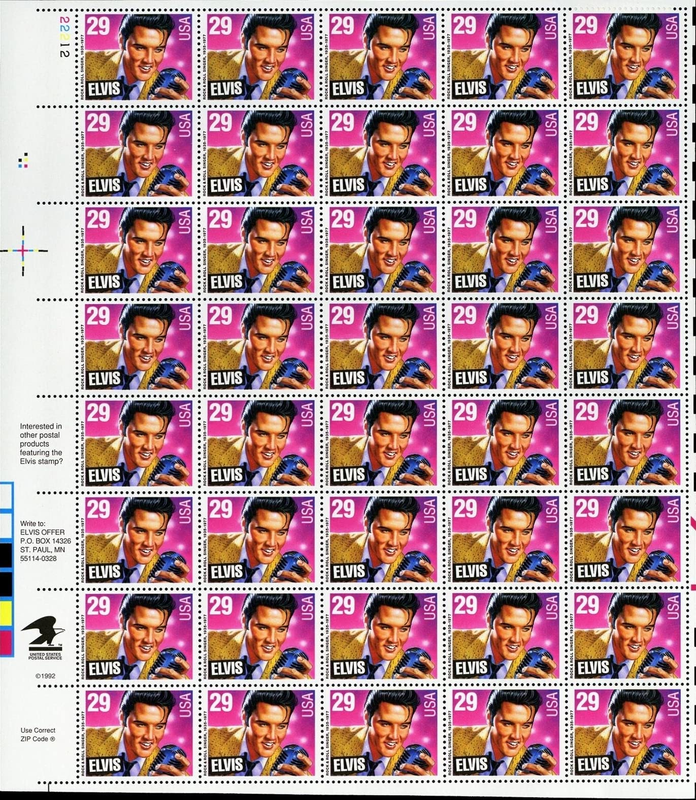 USPS Elvis Presley (Sheet of 40) 29 Cent Postage Stamps 1993 Scott #2721