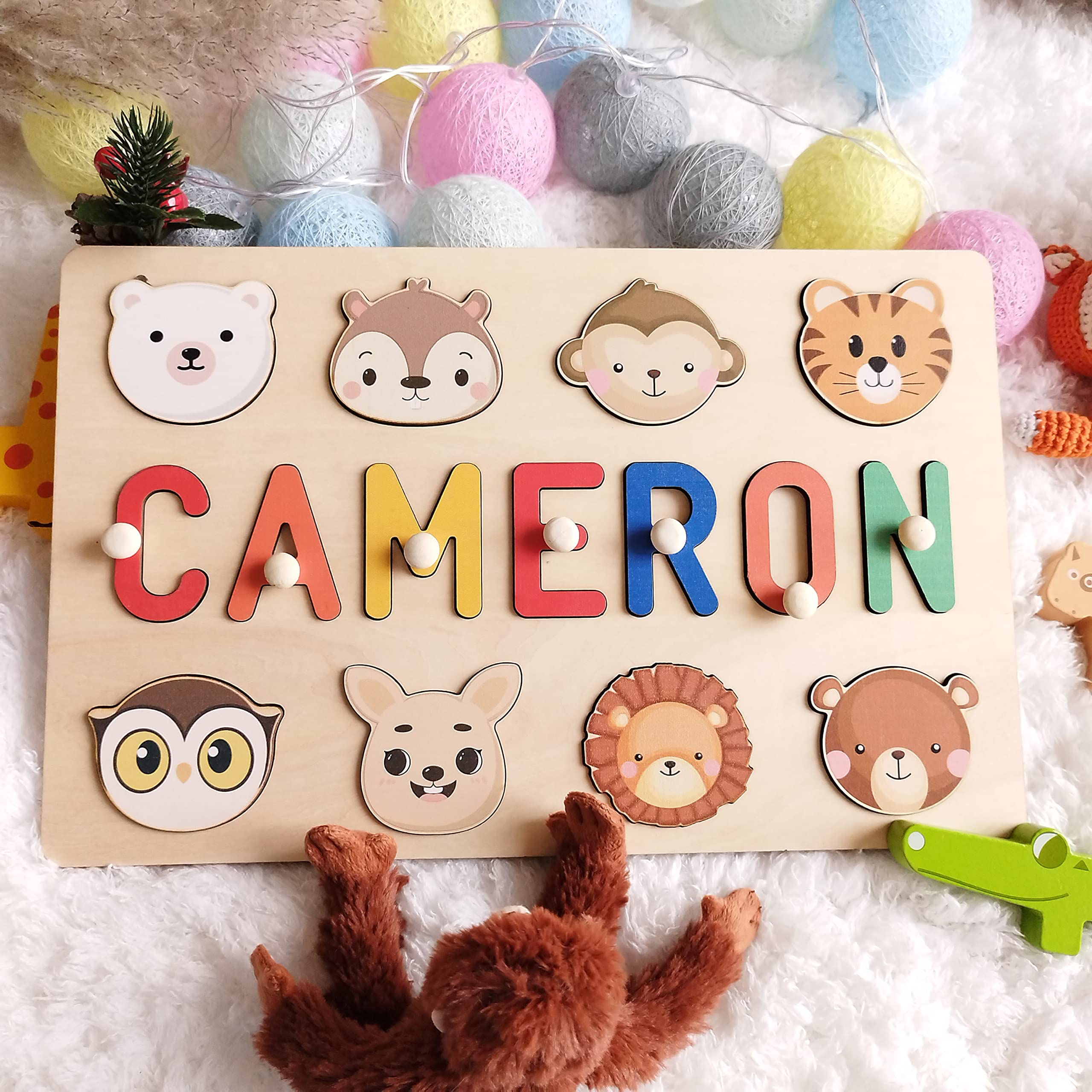 Personalized Name Puzzle for Kids Engraved Text Greetings on Back, Custom Wooden Name Signs with Pegs for Boy & Girl 1 Year Old Montessori Toys Toddler Puzzles for Newborn