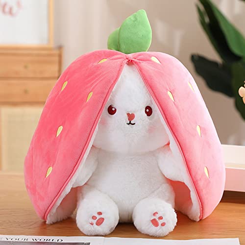 REYBEYOLA Easter Bunny Stuffed Animal Cute Rabbit Plushie Hide-and-Seek Bunny Carrot Strawberry Bunny Pillow Plush Toy for Boys Girls (Pink, 9.84 inch)