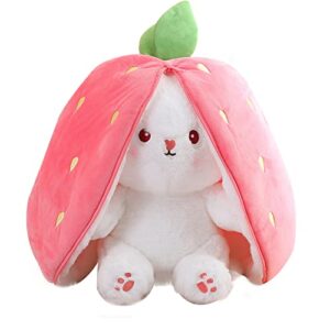 REYBEYOLA Easter Bunny Stuffed Animal Cute Rabbit Plushie Hide-and-Seek Bunny Carrot Strawberry Bunny Pillow Plush Toy for Boys Girls (Pink, 9.84 inch)