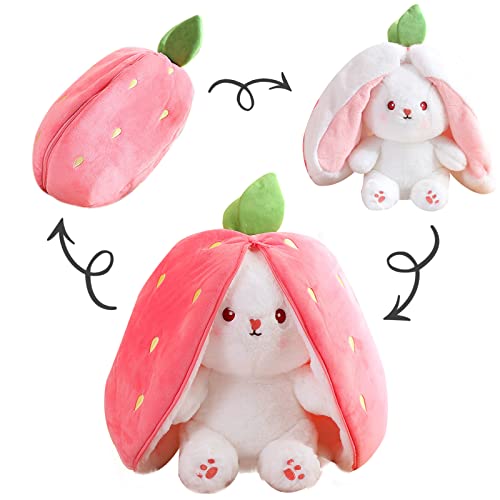 REYBEYOLA Easter Bunny Stuffed Animal Cute Rabbit Plushie Hide-and-Seek Bunny Carrot Strawberry Bunny Pillow Plush Toy for Boys Girls (Pink, 9.84 inch)