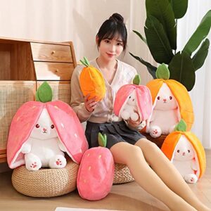 REYBEYOLA Easter Bunny Stuffed Animal Cute Rabbit Plushie Hide-and-Seek Bunny Carrot Strawberry Bunny Pillow Plush Toy for Boys Girls (Pink, 9.84 inch)