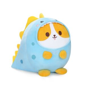 AIXINI Cute Corgi Dinosaur Plush Pillow 8" Shiba Inu Dino Stuffed Animal, Soft Kawaii Corgi Plushie with Blue Dinosaur Outfit Costume Gift for Kids