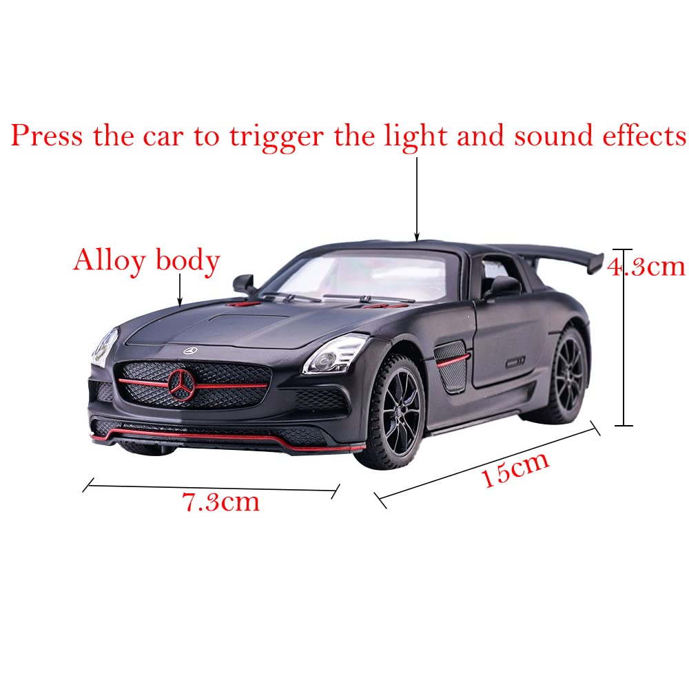 iLooboo Alloy Collectible Black Benz SLS AMG Toy Vehicle Pull Back Die-Cast Car Model with Lights and Sound