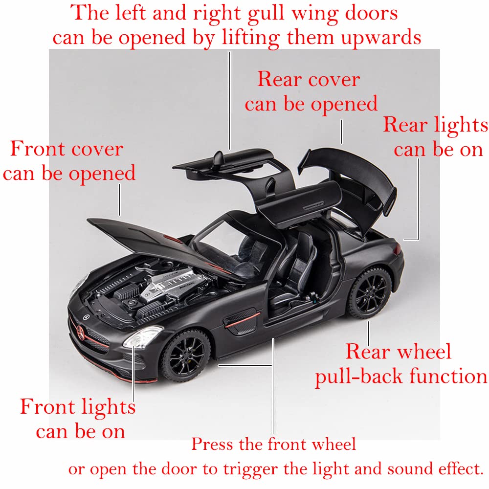 iLooboo Alloy Collectible Black Benz SLS AMG Toy Vehicle Pull Back Die-Cast Car Model with Lights and Sound