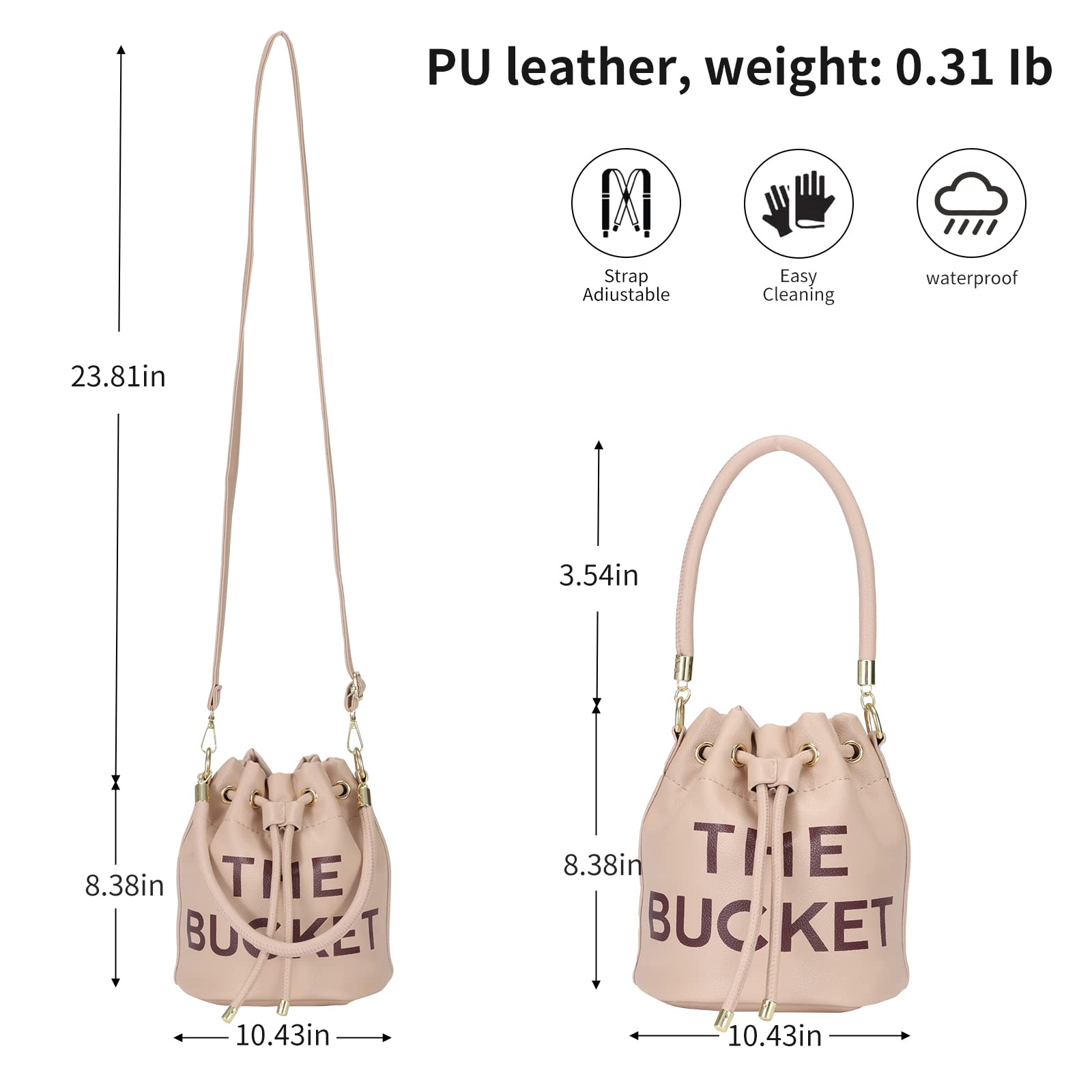 JQAliMOVV The Bucket Bags for Women, Mini Leather Bucket Bag Purses Drawstring Closure Crossbody Handbags Hobo Bag (Khaki)