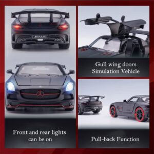 iLooboo Alloy Collectible Black Benz SLS AMG Toy Vehicle Pull Back Die-Cast Car Model with Lights and Sound