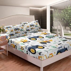 Excavator Tractor Bed Sheets King,Construction Vehicles Sheet Set for Kids Girls Teens Bedroom,Cartoon Car Toddler Bed Sheet with 2 Pillowcases,Equipment Trucks Sheets Boys Truck Room Decor