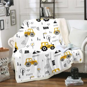 tractor blanket for boys,construction vehicles throw blanket queen for bed,cartoon cars fleece blanket for toddler kids teens,retro equipment trucks sherpa blanket,construction themed bedroom decor