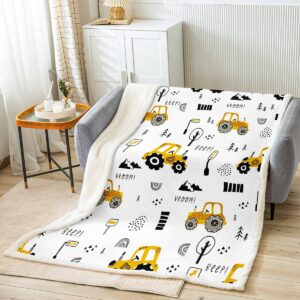 Tractor Blanket for Boys,Construction Vehicles Throw Blanket Queen for Bed,Cartoon Cars Fleece Blanket for Toddler Kids Teens,Retro Equipment Trucks Sherpa Blanket,Construction Themed Bedroom Decor