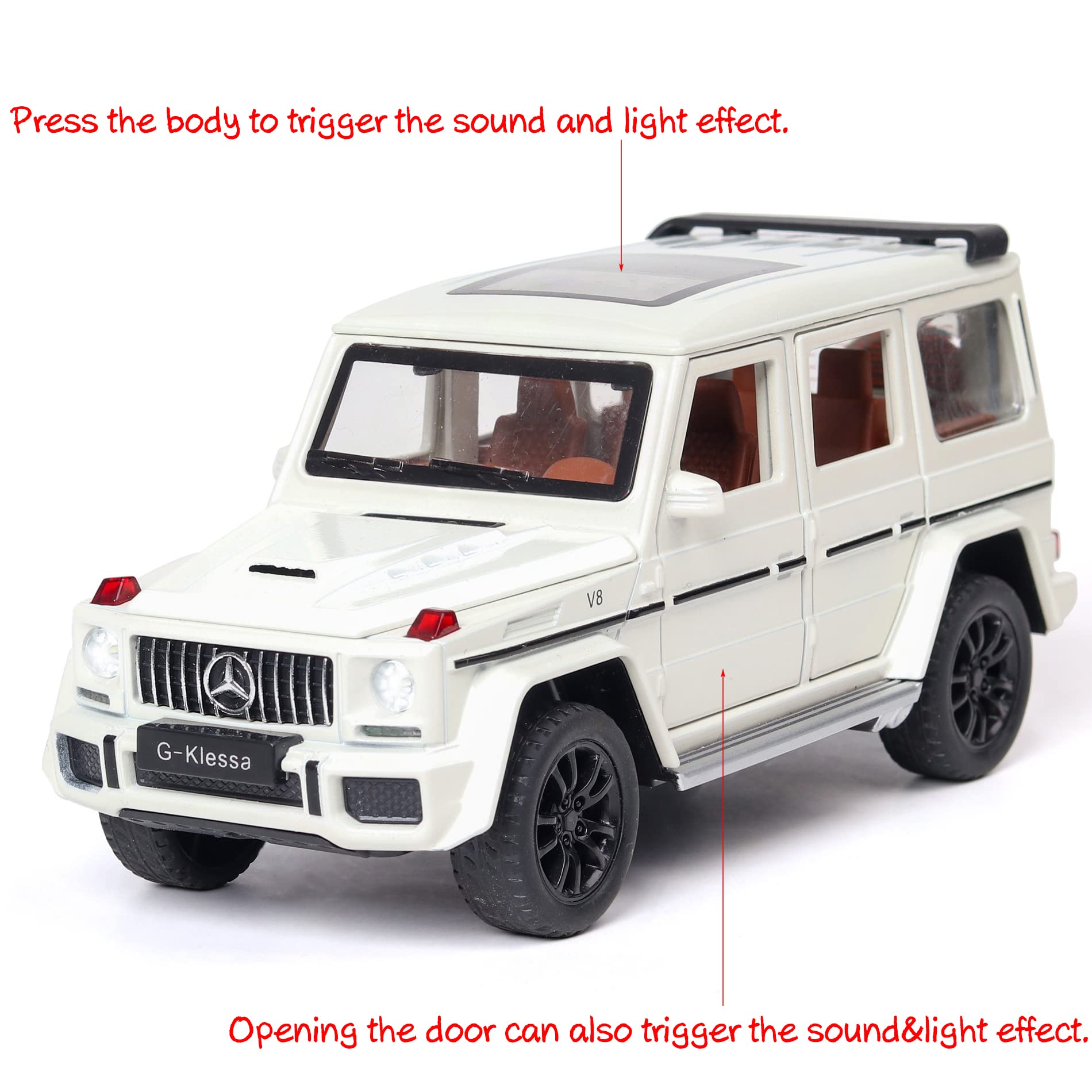 iLooboo Alloy Collectible White Benz G63 AMG Toy Vehicle Pull Back Die-Cast Car Model with Lights and Sound