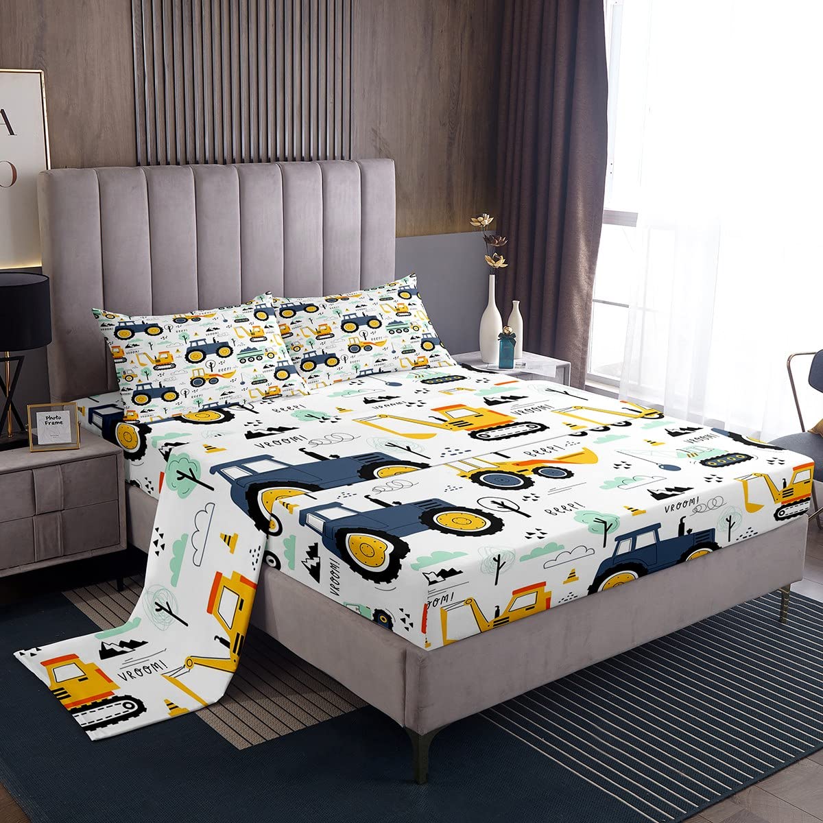 Excavator Tractor Bed Sheets King,Construction Vehicles Sheet Set for Kids Girls Teens Bedroom,Cartoon Car Toddler Bed Sheet with 2 Pillowcases,Equipment Trucks Sheets Boys Truck Room Decor