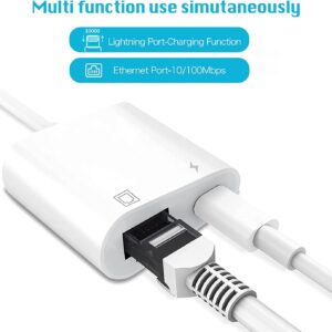 Lightning to Ethernet Adapter, 2 in 1 RJ45 Ethernet LAN Network Adapter, with Charging for iPhone/iPad, Certified Plug and Play Adapter, Support 100 Mbps Ethernet Network