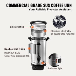 VEVOR Commercial Coffee Urn, 65Cups/10qt Stainless Steel Large Coffee Dispenser, 1500W 110V Electric Coffee Maker Urn For Quick Brewing, Hot Water Urn with Water Gauge for Easy Viewing