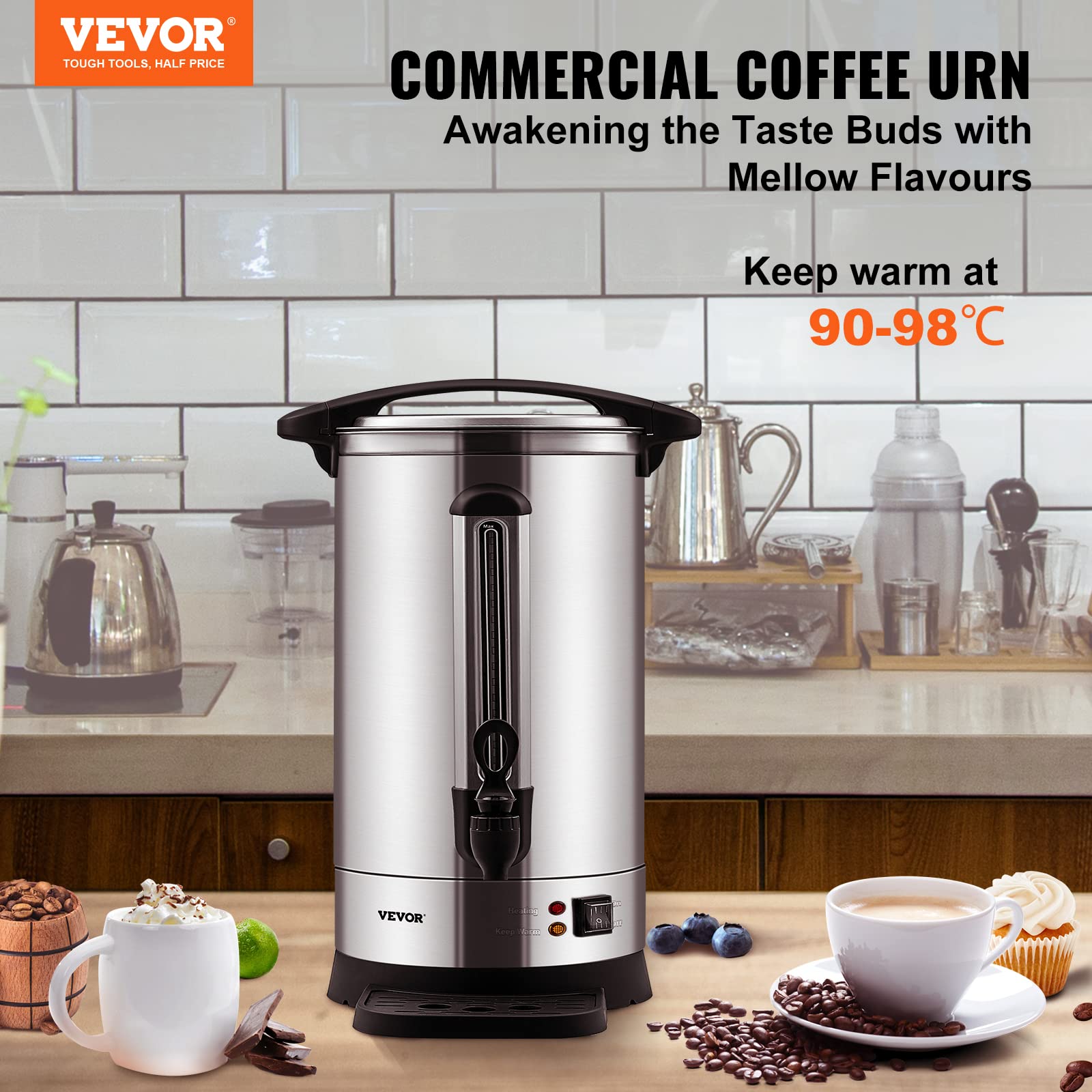 VEVOR Commercial Coffee Urn, 65Cups/10qt Stainless Steel Large Coffee Dispenser, 1500W 110V Electric Coffee Maker Urn For Quick Brewing, Hot Water Urn with Water Gauge for Easy Viewing