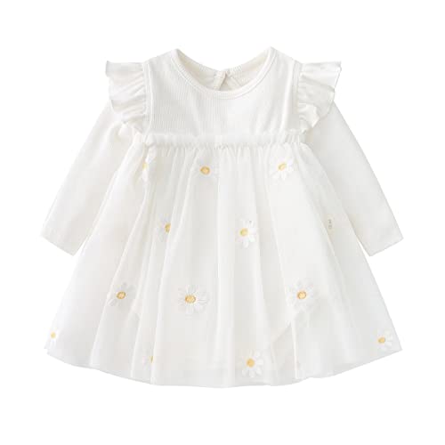 Kids Toddler Baby Girls Spring Summer Print Ruffle Long Sleeve Tulle Princess Dress Dress Up Games (White, 12-18 Months)