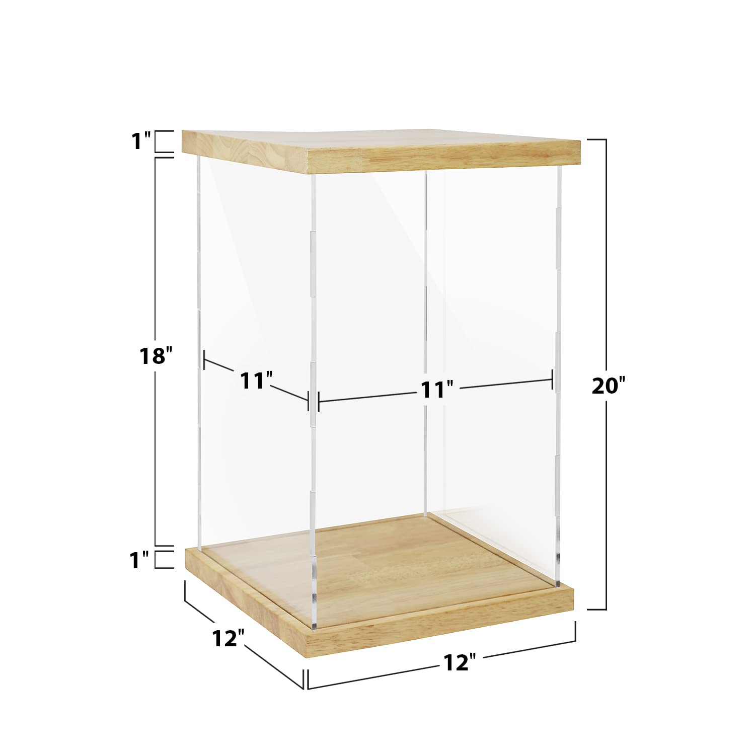 Clear Acrylic Display Case with Solid Butcherblock Base and Top for Trophy, Collectibles, Assemble Cube Display Box Stand Dust Proof Protection Showcase for Action Figures Toys - by BenchPro