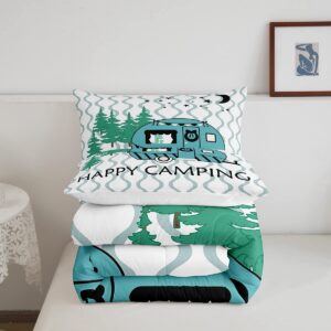 Happy Camping Comforter Set Queen Size Modern Geometric Stripes Bedding Set 3pcs for Kids Teens Boys Girls Bedroom Decor Cartoon RV Camper Car Quilt Set Blue White Duvet Insert,2 Pillowcases