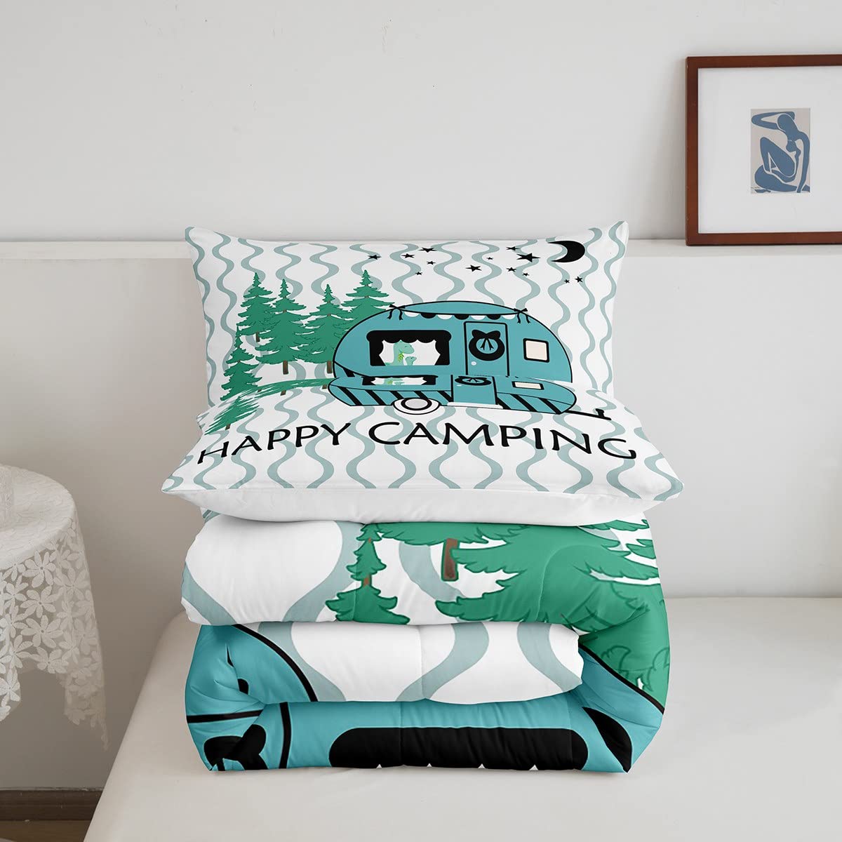 Happy Camping Comforter Set Queen Size Modern Geometric Stripes Bedding Set 3pcs for Kids Teens Boys Girls Bedroom Decor Cartoon RV Camper Car Quilt Set Blue White Duvet Insert,2 Pillowcases