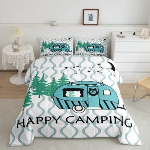 happy camping comforter set queen size modern geometric stripes bedding set 3pcs for kids teens boys girls bedroom decor cartoon rv camper car quilt set blue white duvet insert,2 pillowcases