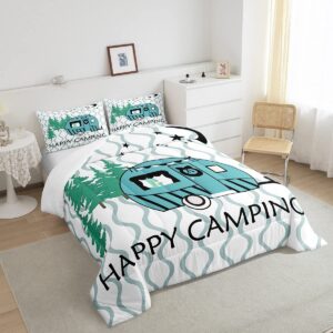 Happy Camping Comforter Set Queen Size Modern Geometric Stripes Bedding Set 3pcs for Kids Teens Boys Girls Bedroom Decor Cartoon RV Camper Car Quilt Set Blue White Duvet Insert,2 Pillowcases