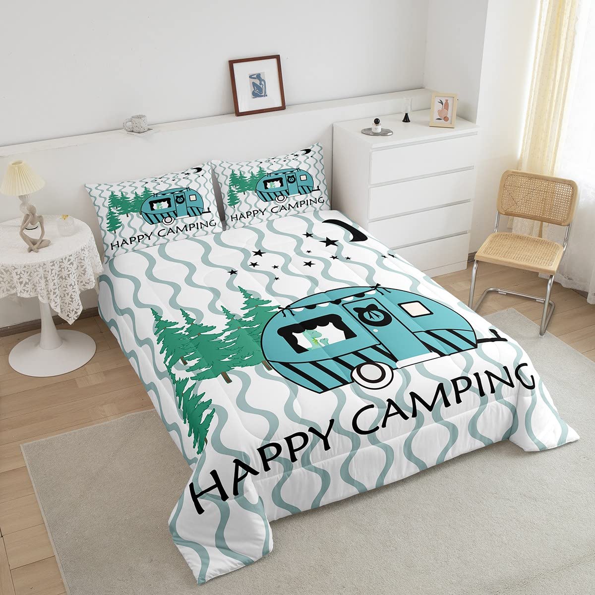 Happy Camping Comforter Set Queen Size Modern Geometric Stripes Bedding Set 3pcs for Kids Teens Boys Girls Bedroom Decor Cartoon RV Camper Car Quilt Set Blue White Duvet Insert,2 Pillowcases