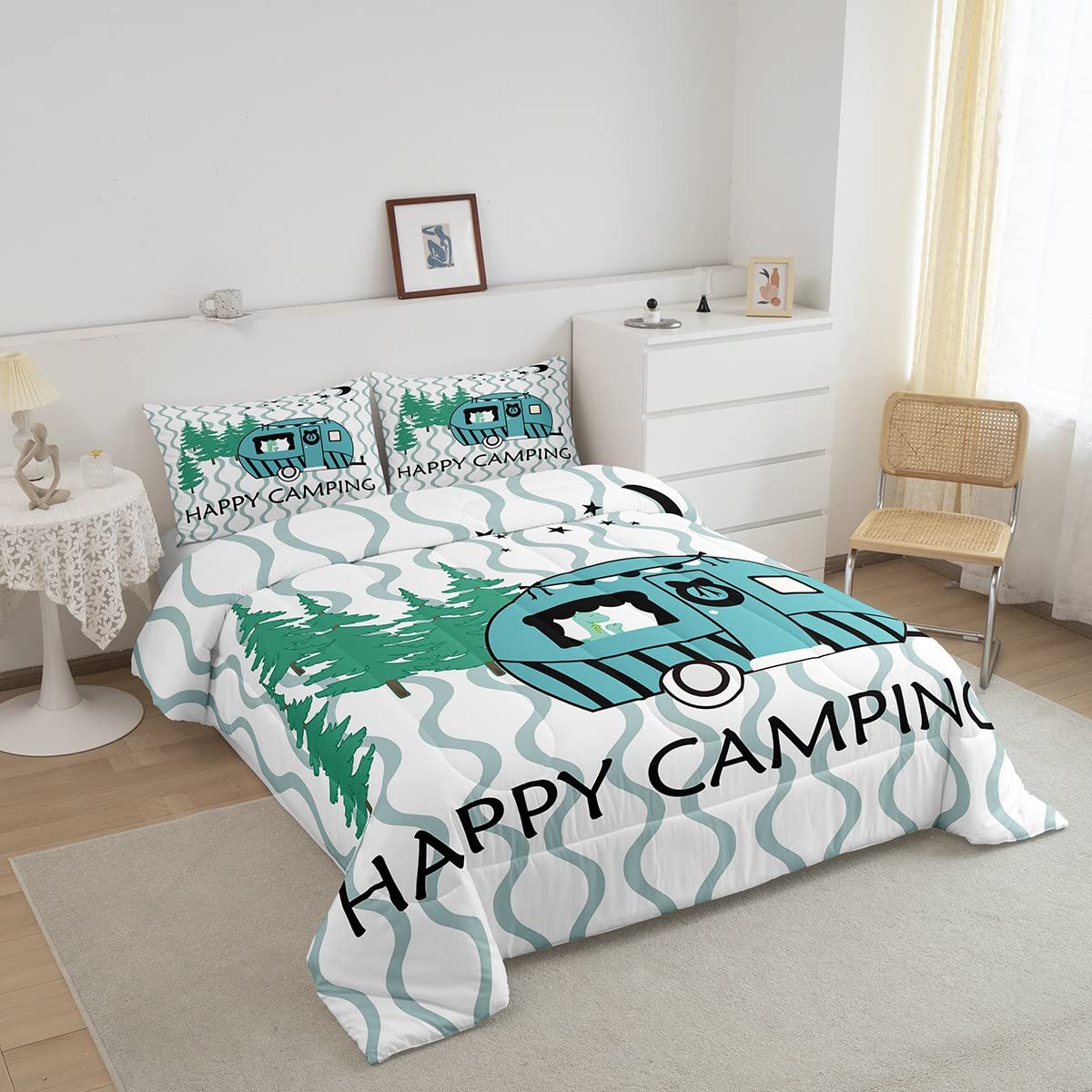 Happy Camping Comforter Set Queen Size Modern Geometric Stripes Bedding Set 3pcs for Kids Teens Boys Girls Bedroom Decor Cartoon RV Camper Car Quilt Set Blue White Duvet Insert,2 Pillowcases