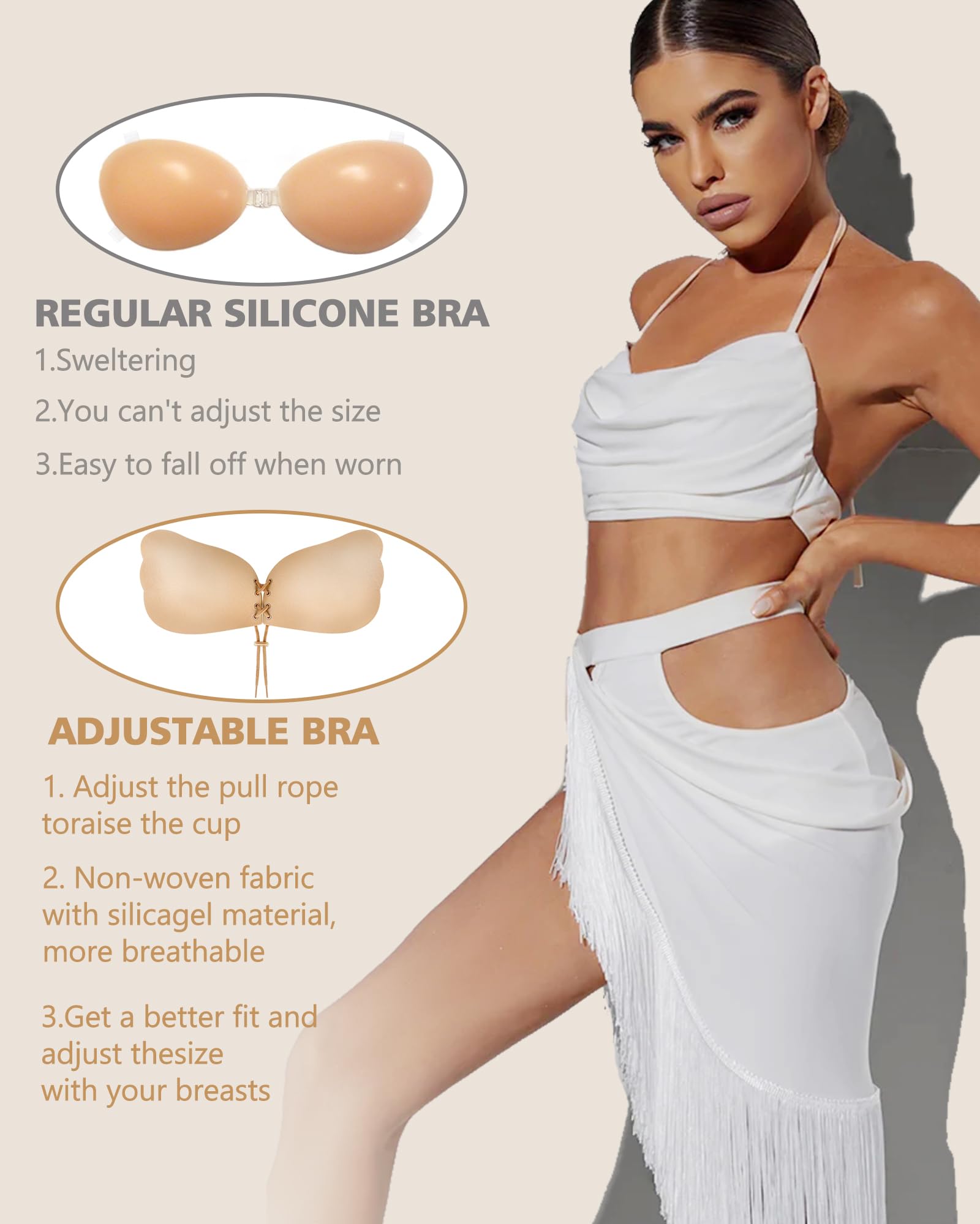 Cmojsk Sticky Bra, Backless Strapless Bra Push Up, Adhesive Invisible Lift Up Bras 2 Pairs Black/Beige