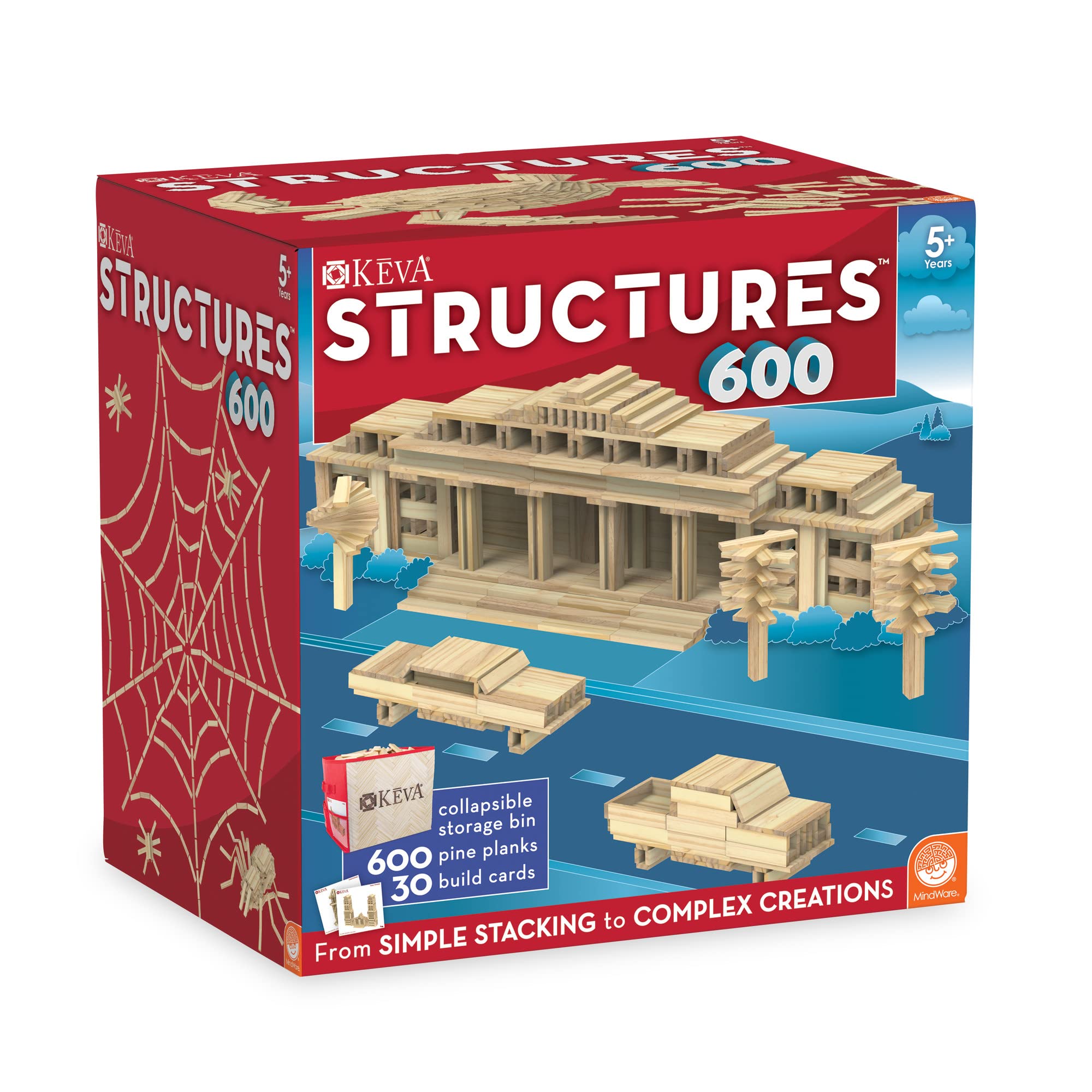 MindWare KEVA Structures 600 Plank Wooden Building Blocks Set, Includes 600 Pine KEVA Planks, 30 Idea Cards and Collapsible Storage Bin