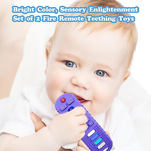 ERSIHUA 2-Pack Silicone Baby Teething Toys, Fire TV Remote Shape for 18 Months Infant, Toddlers, Boys and Girls Early Educational Sensory Toy (Black+Purple)